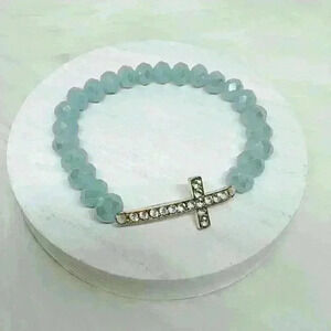 Navy Blue Beaded Bracelet with Rhinestones Cross